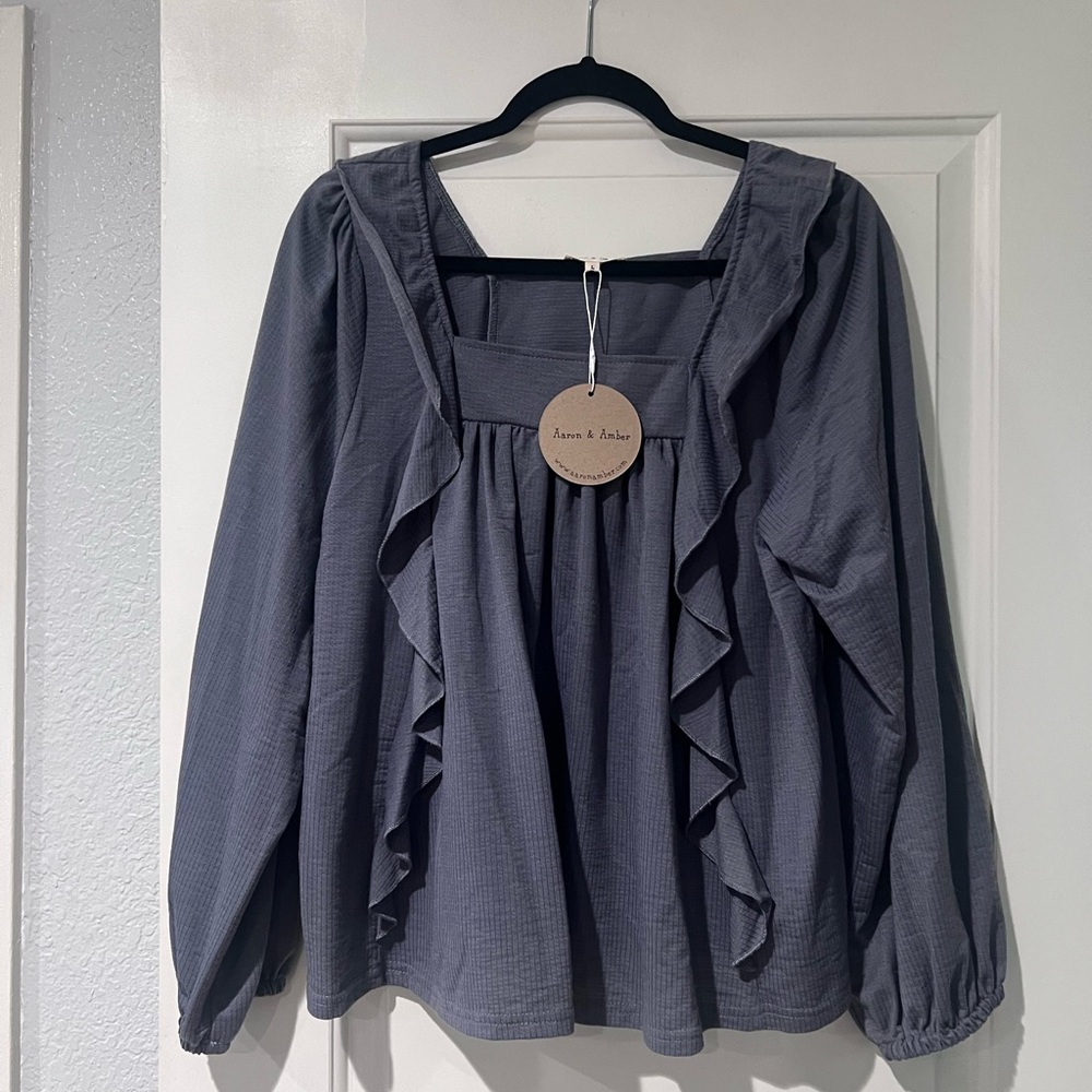 New with tag, square neck long sleeve top with front ruffle detail